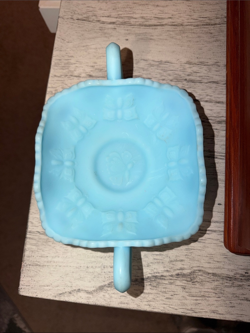 Fenton Bon Bon Blue Milk Glass Two-Handled Dish with Bow Motif